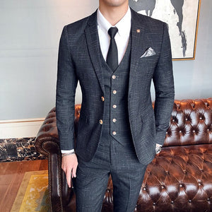 (Jacket + Vest + Pants) Men's Casual Plaid High-End Formal 3Pc Set Suit