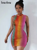 Hawthaw Women Summer Sleeveless See Through Bodycon Striped Mini Dress Sundress Female Clothing Streetwear Wholesale Items