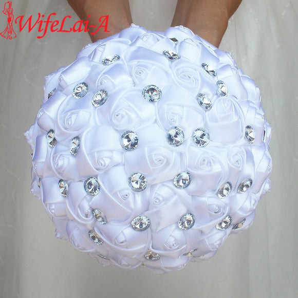WifeLai-A Cheap Pure White Silk Wedding Bouquet with Silver Gem,New Pure Color White Bridal Flower,Bowknot Holding Bouquet W323