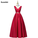 V-neck Double shoulder prom dress long a-line red elegant stain formal evening party dresses