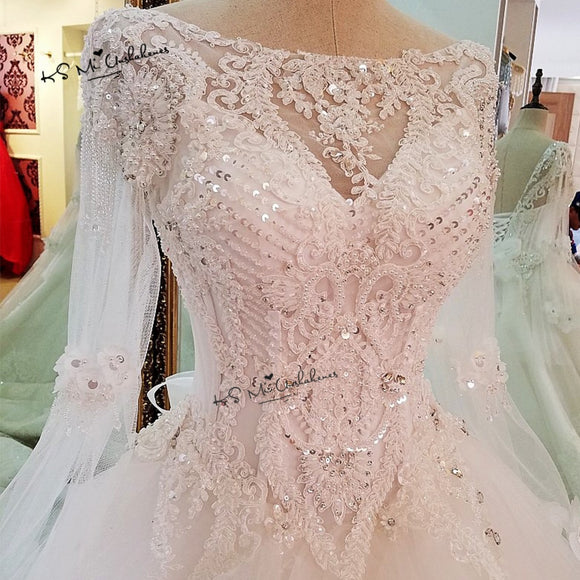 Vestido de Noiva Princesa Luxury Wedding Dresses 2018 Long Sleeve Crystals Beads Wedding Gowns Sequin Sparky Church Bride Dress