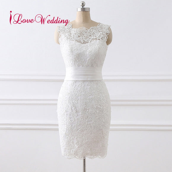 Hot Sale 2019 Short Wedding Dress Vestido de noiva Scoop Collar Lace Applique Knee Length Elegant Wedding Gowns Real Photo