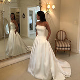Simple Boho A-line Wedding Dresses Strapless Satin Draped Bridal Dress