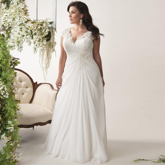 Elegant Plus Size Wedding Dresses V-neck Cap Sleeves Robe de Mariage
