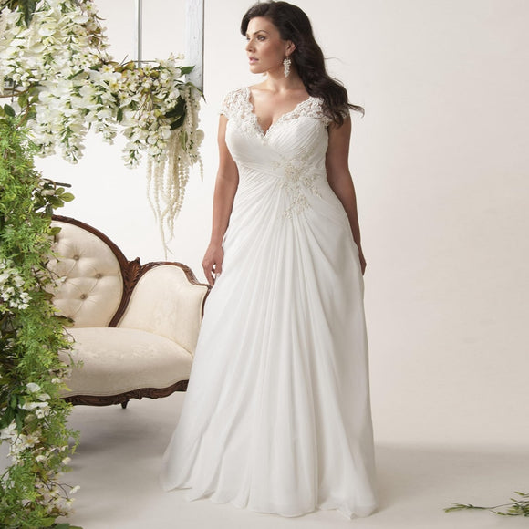 ADLN Cheap Plus Size Wedding Dress Cap Sleeve Lace Applique Chiffon Beach Wedding Dress Gowns Vestido De Novia In Stock