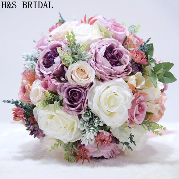 H&S BRIDAL Pink Bridal Bouquet Purple Bouquet De Mariage Artificial Vintage Wedding Bouquets For Brides 2019 Bridesmaid Flower