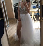 Sexy Tulle Long Prom Dresses New Arrival Backless Sweep Train Beaded A Line Special Occasion Evening Gowns Custom Made