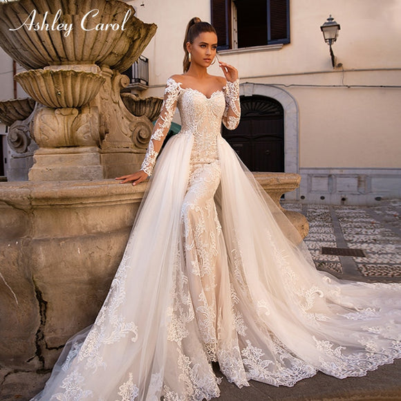 Ashley Carol Sexy Sweetheart Long Sleeve Mermaid Wedding Dress 2019 Detachable Train 2 In 1 Wedding Gowns Vestido De Noiva