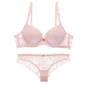 BALALOUM Sexy Push Up Floral Lace Bra Briefs Sets Transparent Panties Comfortable Brassiere Underwear Lingerie Pink