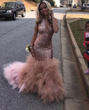 vestido de gala Sexy Black Girls Mermaid Pink Prom Dresses 2019 Sequined African Ruffled Train Long Formal Evening Party Gowns